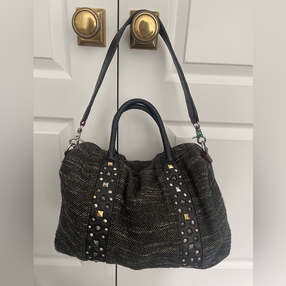 MZ Wallace Lillian Draper Tweed Studded Leather Satchel Shoulder Bag